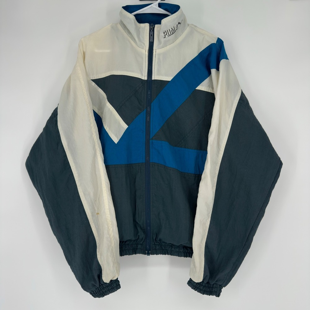Vintage 90s Puma Colorblock Windbreaker Jacket Large Blue White Navy Zip Up
